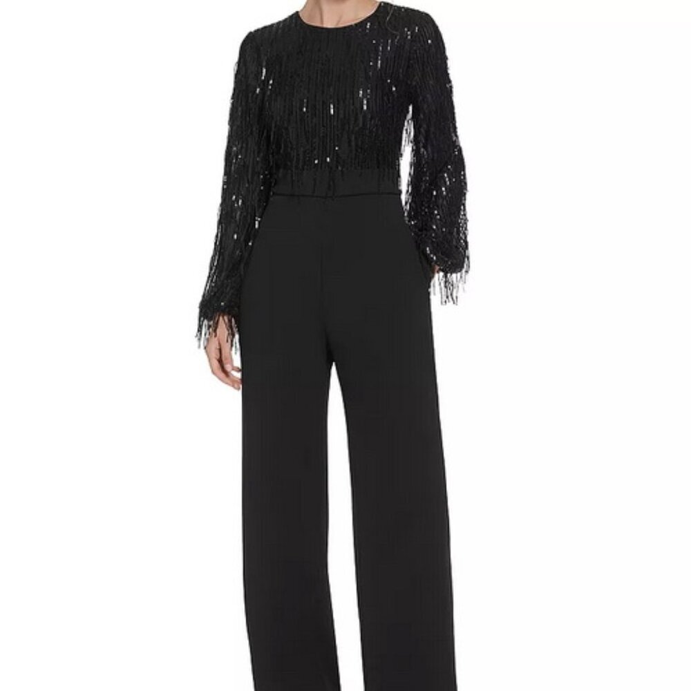 Eliza J Black Sequin Fringe Long Sleeve Jumpsuit
